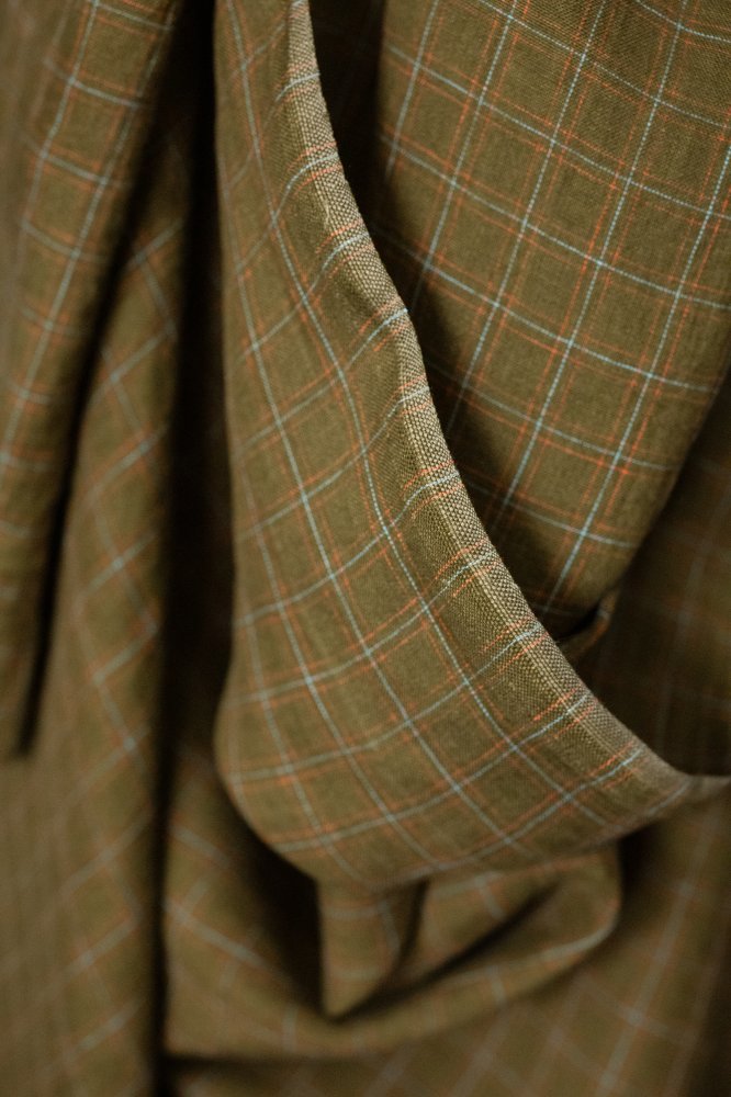 green orange blue check linen fabric