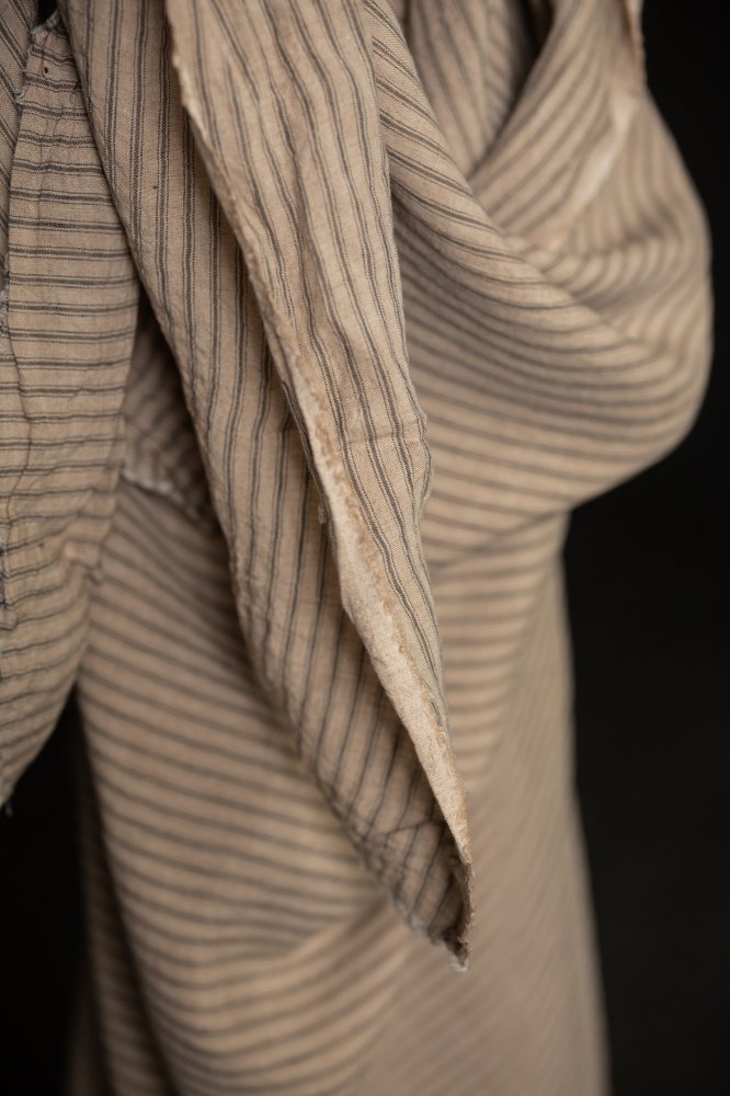 sand and grey stripe extra wide laundered linen fabric