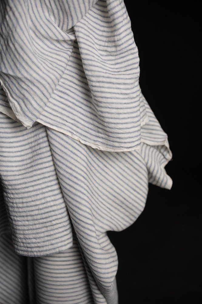 Blue and white stripe extra wide laundered linen fabric