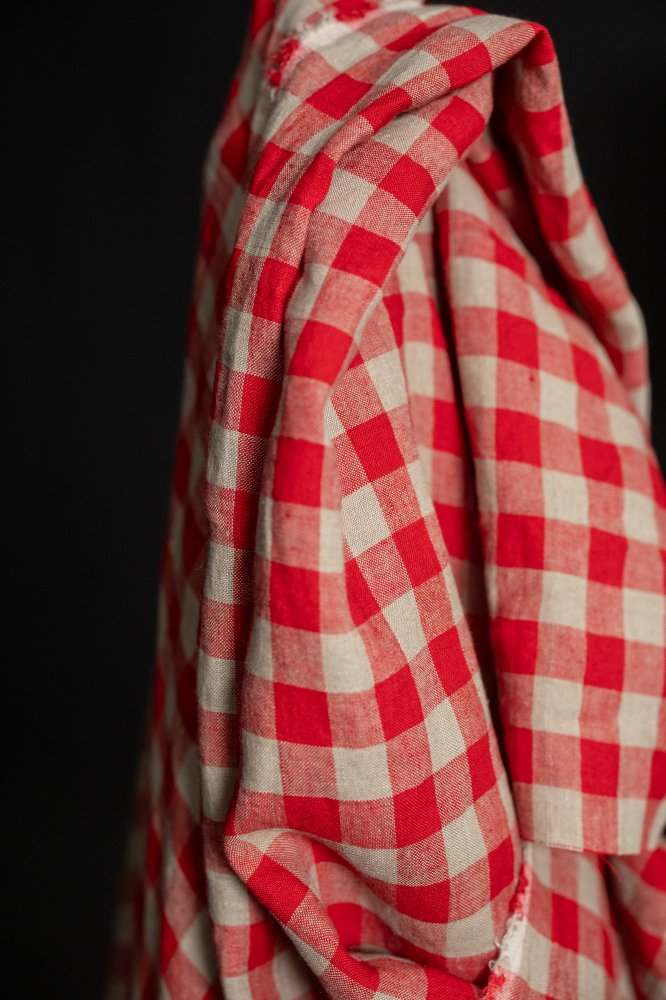 red neutral gingham linen fabric