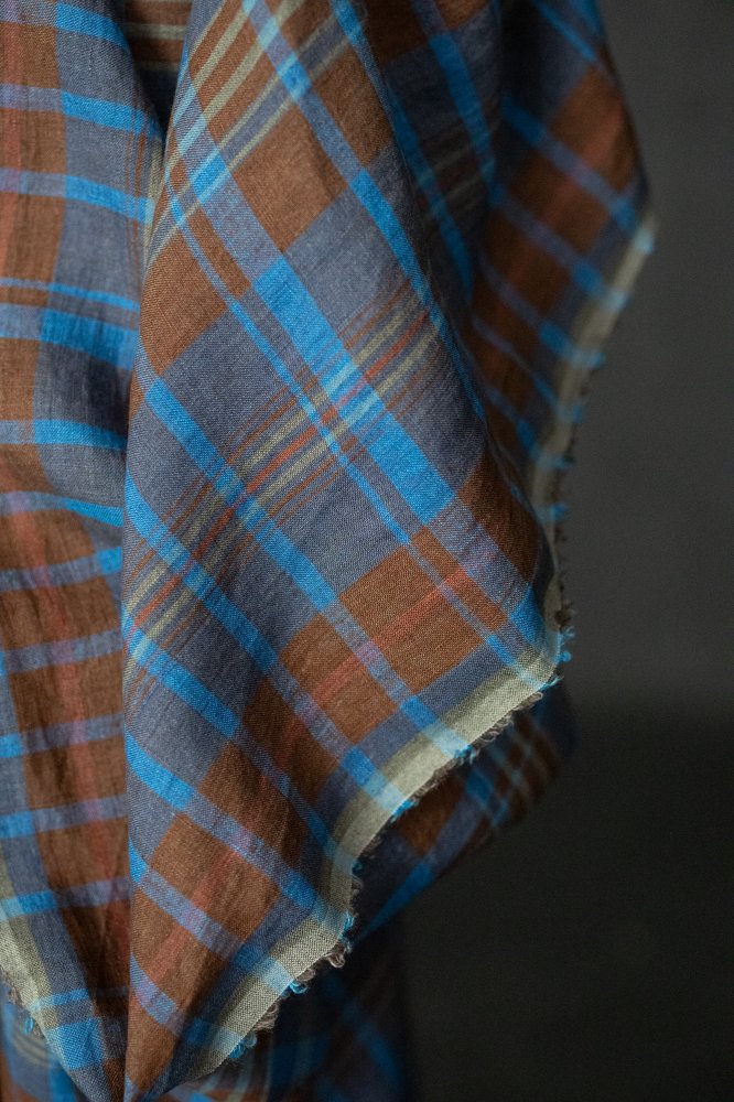 blue brown check linen fabric